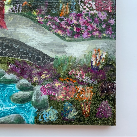 Original magical Garden painting colourful gloss varnished people bridge bunny - Picture 8 of 10